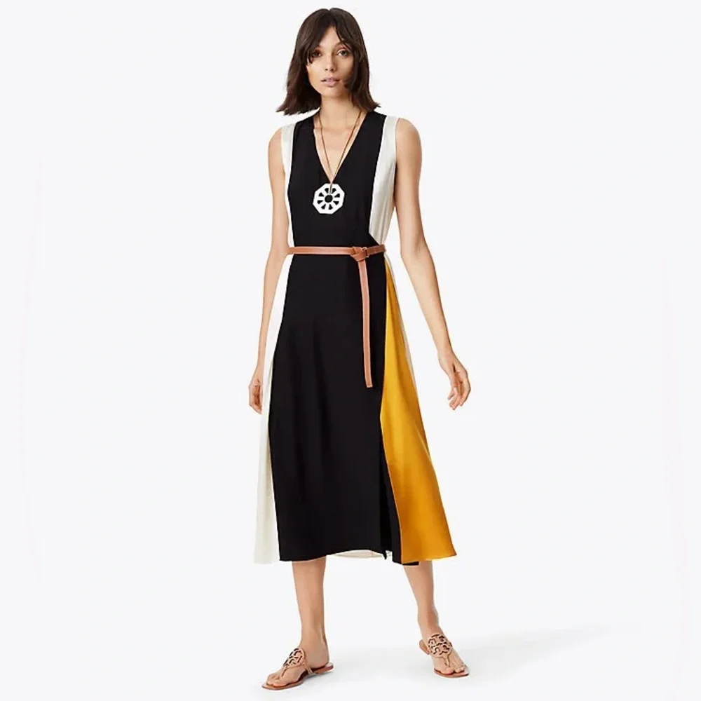 NWT $798 Tory Burch Black Clarice Colorblock Wrap Silk Dress